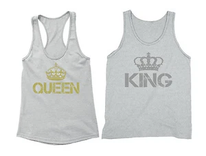 Couples Matching Tanks King Queen Vintage Distressed Racerback + Tanktop Gray - Picture 1 of 1
