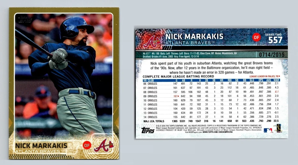 2015 Topps 557 Nick Markakis Gold 714/2015 Braves OF - Image 1 of 1