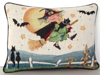 Halloween - Bruja feliz con gato negro, si la escoba se ajusta, almohada tapiz nuevo Foto 1 de 4