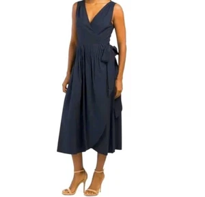 Vince Wrap Dress Navy Blue Sleeveless Pleated Belted Midi  NEW $425 Size XXS - Picture 1 of 12