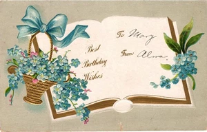 Cinta postal de cumpleaños vintage en relieve flores azules 1909 Hartford Wisconsin - Imagen 1 de 2