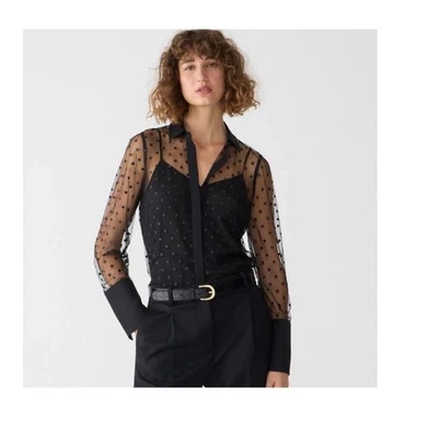  Camisa J Crew Para Mujer 8 Negra Malla Transparente Punto Abotonable Camisola Extraíble Top Foto 1 de 4