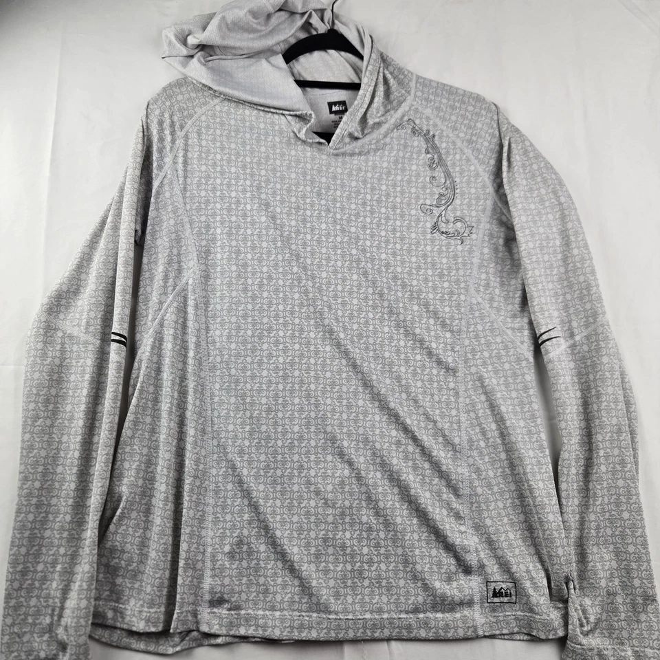 Camisa REI Mujer Mediana Blanca Gris Con Capucha Manga Larga Poliéster Ligera Foto 1 de 4