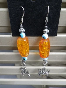Halloween Motiv Ohrringe S/S Drähte Spinnenauge orange Edelstein baumelt - Bild 1 von 3