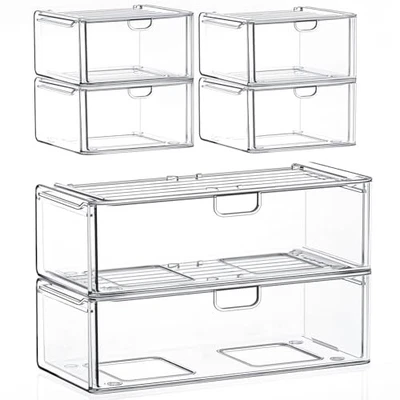 Juego de 6 cajones de almacenamiento de acrílico, maquillaje transparente 2 cajones grandes+4 medianos Foto 1 de 4