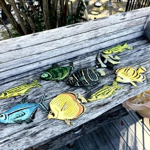 Set of 9 Hand-Painted Wooden Fish Sculptures Decorative Wall Hanging Hand Carved - Picture 1 of 11