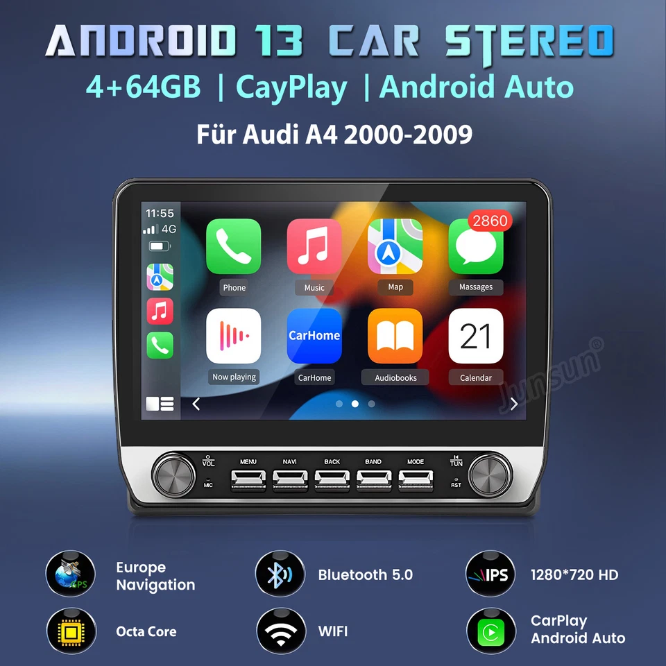 Für Audi A4 S4 RS4 00-2009 Android 13 Carplay Autoradio GPS Nav WIFI BT DAB+ 64G - Bild 1 von 4