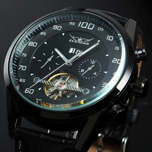 Reloj mecánico de cuero negro de cuerda automática Tourbillion pantalla analógica de fecha - Imagen 1 de 11