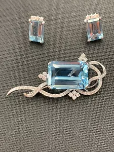 aquamarine diamond brooch pendant large & earrings set 18kt white gold 40ct READ - Picture 1 of 11