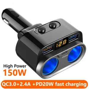 150W 12V Car Cigarette Lighter Socket Splitter QC 3.0 Type C PD Fast USB Charger - Picture 1 of 6