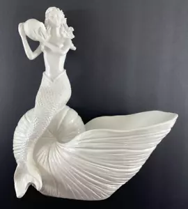 White Mermaid Shell Bowl Figurine Resin 11" x 11.5" x 4" Seaside Large Marine - Picture 1 of 15