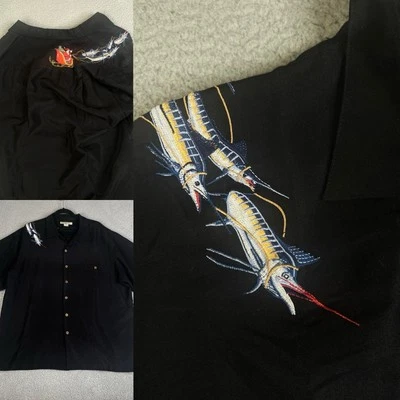Hook & Tackle Shirt Mens XL Black Embroidered Santa Swordfish Button Camp - Image 1 of 4