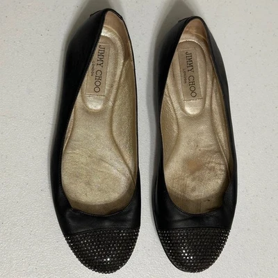 Jimmy Choo London Black Leather Rhinestone Waine Cap Toe Ballet Flats 36 US 6 - Image 1 of 4