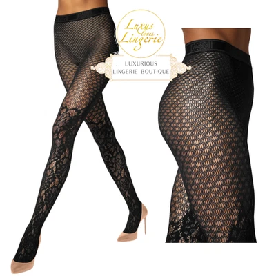 Meia-calça de tatuagem de renda Wolford S pequena preta transparente rede - Imagem 1 de 4