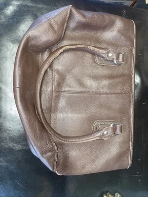 L.L.Bean Tote Bag Brown Leather Navy & White Stripe Lining LLBean - Image 1 of 4