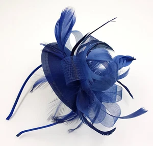 Navy blue fascinator alice hair band with stiffened net loops and feather.b10 - Picture 1 of 5