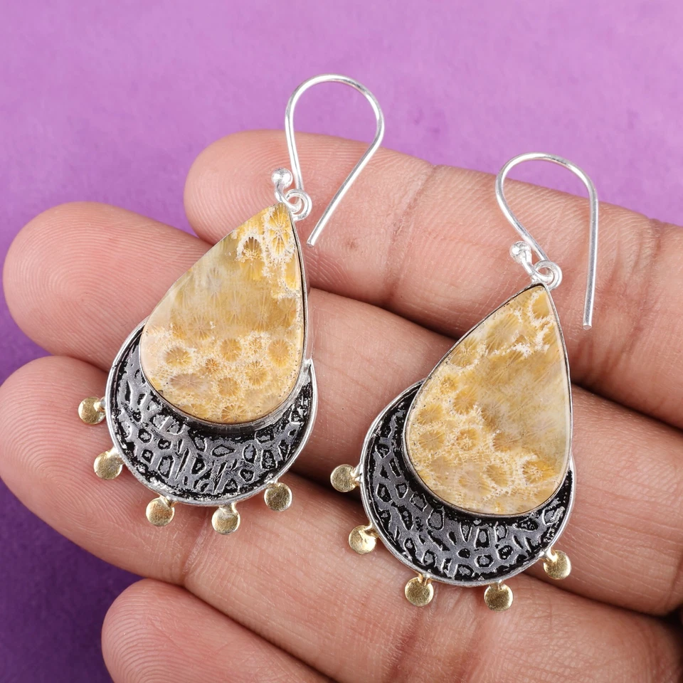 Pendientes colgantes/gotas de dos tonos de coral fósil amarillo natural de plata 925 Foto 1 de 4