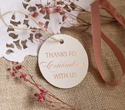 Etiquetas de agradecimiento, lámina de oro rosa, paquete de 30, círculo, gracias por celebrar con nosotros Foto 1 de 3