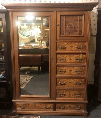 Victorian Carved Walnut Chifferobe/Wardrobe 77” X 60” X 23” Cover