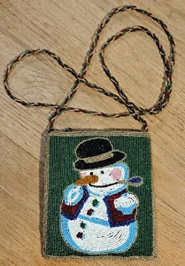 Snowman Crossbody Purse Beaded C Marie Bag Handbag Satin Green Christmas Vintage - Picture 1 of 8
