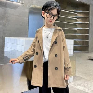 England Style Boys Cotton Long Trench Coat Outerwear Kids Child Casual Jackets - Picture 1 of 16