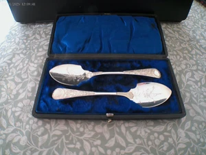 Antique Silver Plate: Matching Pair of Preserve / Jam Spoons 62gms; cased JE & S - Picture 1 of 5