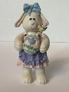 Vintage White Easter Rabbit Figurine Pink Dress Holding Egg  Resin 5-1/4 Inch - Picture 1 of 7