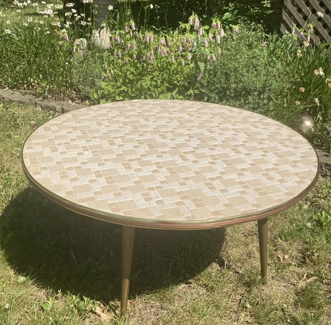 Vintage Mid Century RCA VICTOR Mosaic Tiled Round Coffee Tv Table NICE Cover