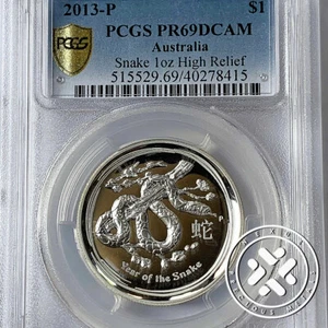 2013-P NGC PR 69 DCAM AUSTRALIA 1 OZ SILVER HIGH RELIEF SNAKE $1 COIN  - Picture 1 of 8