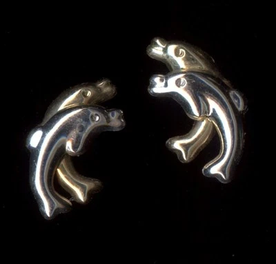 New 10K 15mm Solid Yellow & White Gold Dolphin Fish Ocean Sea Stud Earrings WQ - Image 1 of 2