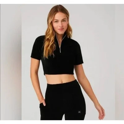 Alo Yoga Micro Corduroy Winter Break Mock Neck Large Quarter Zip Crop Top Black - Image 1 of 4