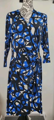 Calvin Klein Dress Black Blue White Faux Wrap V-Neck 3/4 Sleeve Women's Size 16W - Image 1 of 4