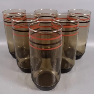 Vintage RETRO MCM 1970's Smokey Glass Orange Brown Stripe Ring TUMBLER SET - Picture 1 of 8