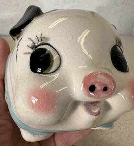 Vintage Piggie Bank Anamorphic Hand Painted Flowers Small Size Made In Japan - Picture 1 of 12
