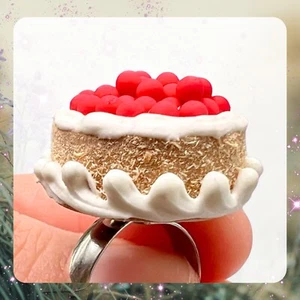 Cherry Cheesecake Cocktail Ring - Costume Jewelry - Mini Food - adjustable size - Picture 1 of 5
