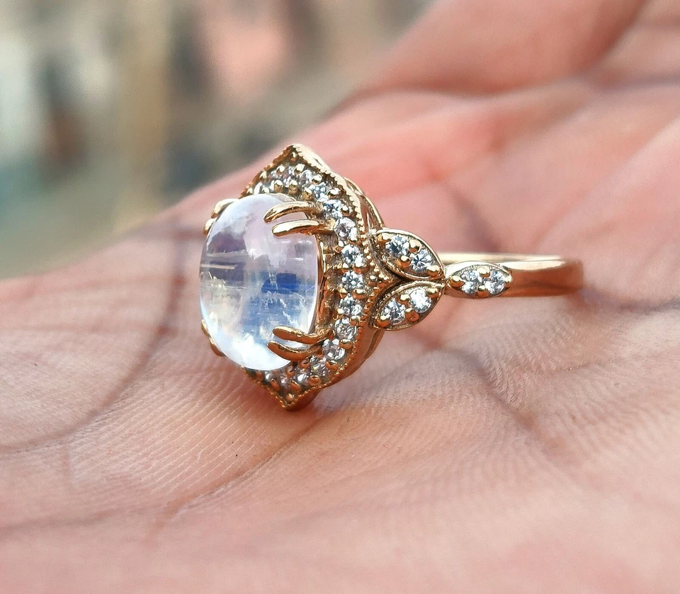 Natural Rainbow Moonstone Ring, 925 Sterling Silver Gold Plated Handmade Ring - Image 1 of 4