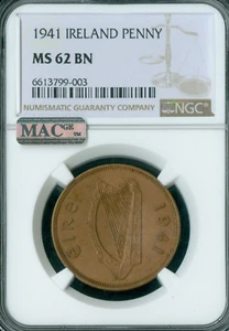 1941 IRELAND ONE PENNY NGC MS62 BN MAC SPOTLESS * - Picture 1 of 2
