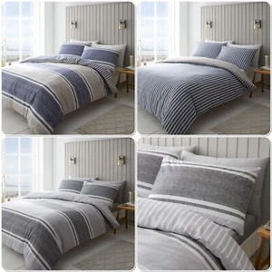 Duvet Cover Bedding Set Textured Banded Stripe Reversible Catherine Lansfield - Picture 1 of 25