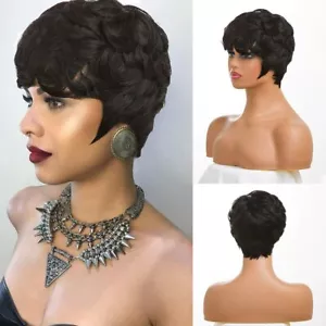 Short Black Human Hair Wig Wave Pixie Cut None Lace Wigs High Temperature Wig US - Picture 1 of 12