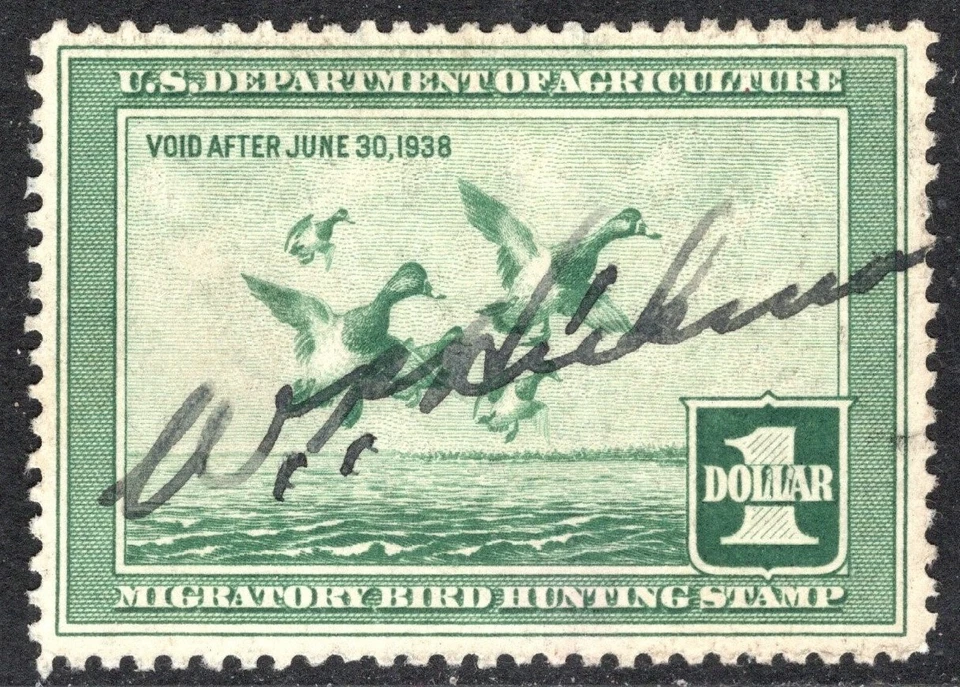 US Stamp Scott #RW4, $1, Federal Duck Hunting Permit, 1937, Used, SCV$65.00 - Image 1 of 1