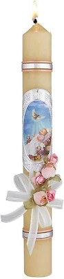 Catholic Baptism Candle for Girls, Pillar Candles with Ribbon, Faux Flowers - Image 1 of 3