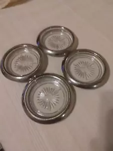 EX'LENT VTG CRYSTAL GLASS 4" COASTERS ASHTRAYS WITH SILVER BEAD RIMS STARBURST - Picture 1 of 1