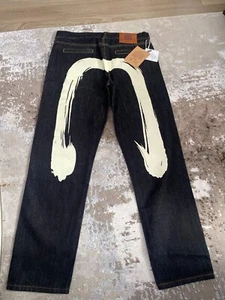 Evisu Navy Jeans - Large White Paint Logo - 32 - Brand New - Free Postage - Picture 1 of 10