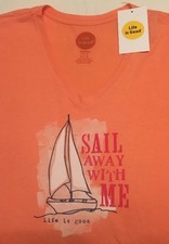 LIFE IS GOOD Women's Sunkist Orange "SAIL AWAY WITH ME" V-Neck S/S Tee -Sz L NWT