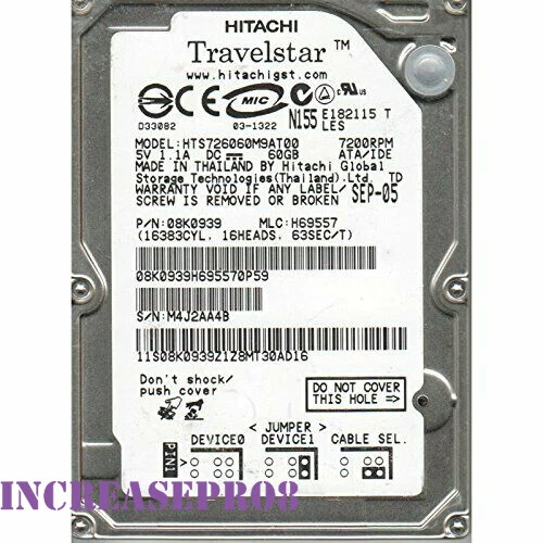 HITACHI 60GB HTS726060M9AT00 7200 RPM IDE 8MB 2.5" Laptop HDD Hard Disk Drive - Image 1 of 2