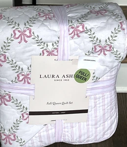 Laura Ashley Katie Pink Trellis Bows Full/Queen Cotton Quilt SET 3pc - Picture 1 of 3