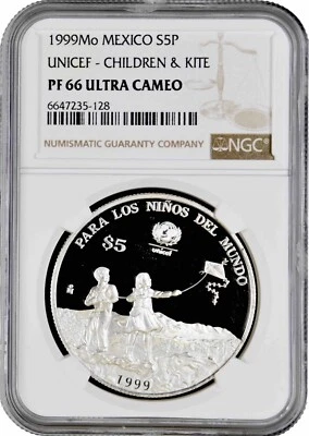 Mexico 5 pesos 1999, NGC PF66 UC, "UNICEF - Children & Kite" silver coin - Image 1 of 2