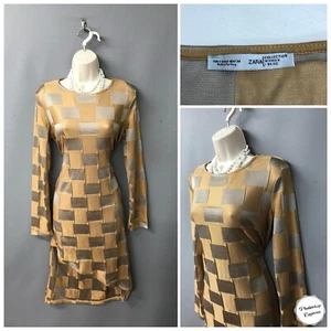 Zara Stunning Gold Silver Check Asymmetric Stretchy Dress Small - Picture 1 of 11