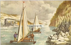 CURRIER and IVES Ice Boat Racing On The Hudson 1952 Print Winter Railroad Train - Picture 1 of 2