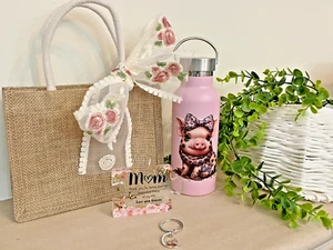 Muttertagsgeschenk Schwein Ferkel Thermo rosa Flachmann Leopardenmuster Canvas Tasche Spitze Schleife - Bild 1 von 12
